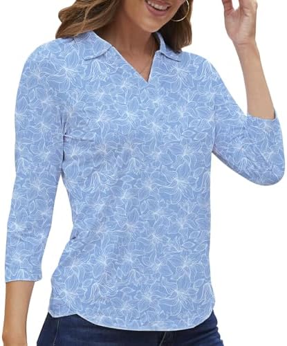 3/4 Sleeve Golf Polo UPF 50+ in Blue Flowers
