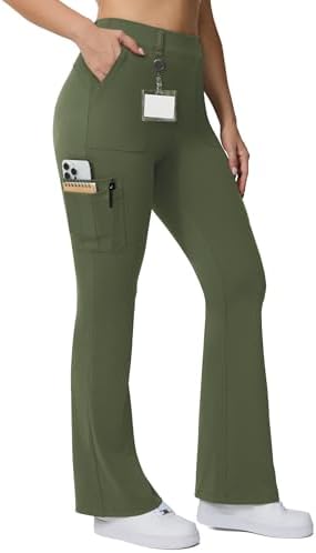 Cargo Flare Leggings with 6 Pockets in Army Green